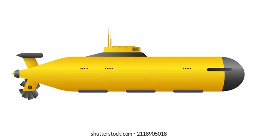 Yellow modern submarine. Cigar shaped vessel with antennas and portholes for warfare and underwater research vector travel.