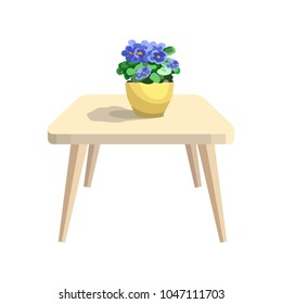 Yellow modern table with a flower in a pot. Flowering houseplant. Icon. Isolated object for interior. Wooden stylish furniture. Vector illustration.

