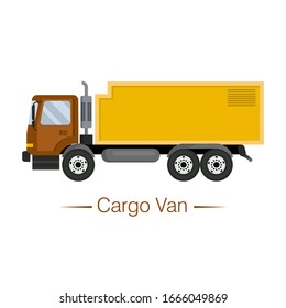 Yellow modern van on off-road cargo chassis with brown cab. Transportation of goods over long distances. Loading and unloading operations. Isolated object. Flat cartoon vector illustration