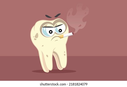 

Yellow Molar Tooth Smoking a Cigarette Vector Cartoon Illustration. Tobacco effects on teeth enamel vector concept design
