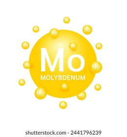 Yellow molybdenum minerals on white background. Natural nutrients and vitamins essential by the body to help repair damaged organs. For advertising medical supplements design. 3D Vector EPS10.