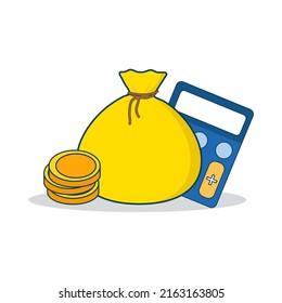 Yellow Money Bag with coins, calculator. Vector image, isolated on white background