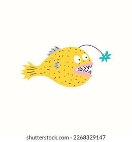 Yellow monkfish with blue flower, vector illustration. Sea or ocean creature, cartoon character. Lophius or frogfish.