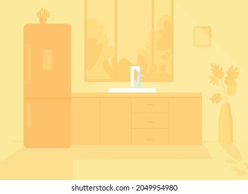 Yellow monochrome kitchen flat color vector illustration. Modern furniture in dining room. Apartnment with appliance. Household 2D cartoon interior with modern furniture on background