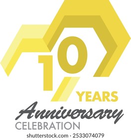 yellow monochrome number of 10 years anniversary celebration logo style in pentagon shape, isolated on white background.