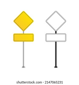 Yellow and monochrome road sign. Blank warning street sign isolated on white background. Vector illustration in realistic style. EPS 10.