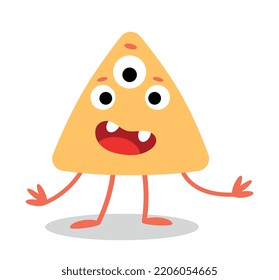 Yellow monster character. Triangular shaped mutant with lossy eyes spreads arms. Sticker for social networks and messengers. Feeling, emotion, expression and reaction. Cartoon flat vector illustration