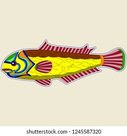 Yellow monster fish with brown back and red fins, vector