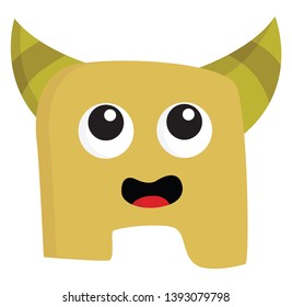 A yellow monster with green horns and a open mouth vector color drawing or illustration
