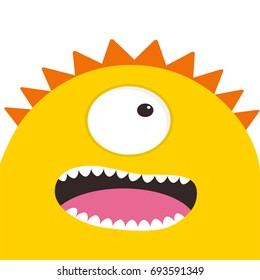 Yellow monster head with one eye, teeth, tongue. Funny Cute cartoon character. Baby collection. Happy Halloween card. Flat design. White background. Vector illustration