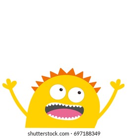 Yellow monster head with two eyes, hands, teeth, tongue, waving. Funny Cute cartoon character. Baby collection. Happy Halloween card. Flat design. White background. Vector illustration