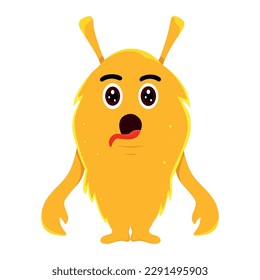 Yellow monster with open mouth and tongue. Ears and dilated eyes. Vector stock illustration. isolated.