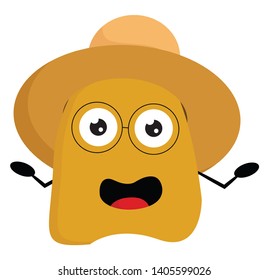 A yellow monster with a rectangular-shaped body, wears a brown summer hat, glass lenses with no frame or temple, hands wide opened, vector, color drawing or illustration. 