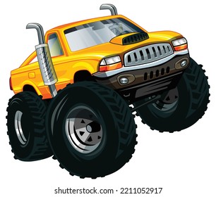 Yellow monster truck with two big exhaust pipe