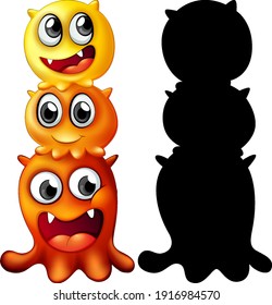 Yellow monsters family with its silhouette on white background illustration