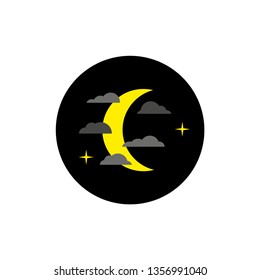 yellow moon behind the clouds at night, icon on white background