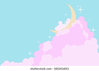 A yellow moon in the blue sky with pink clouds and white stars. Romantic background for wallpaper, packaging, textiles