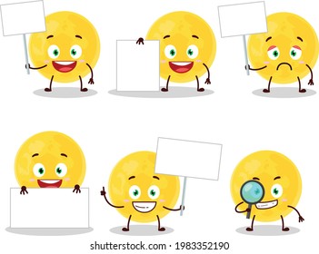 Yellow moon cartoon character bring information board