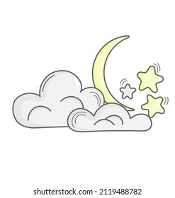 Yellow moon in the clouds. Stars on the sky. Sleep, insomnia. Children's drawing. Isolated on white background. Doodle, flat. Vector illustration