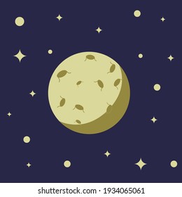 Yellow moon with craters on the background of stars and celestial bodies. Vector illustration on the theme of space. Flat style