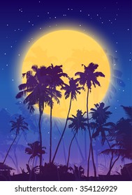 Yellow moon with dark blue palm silhouettes vector poster background