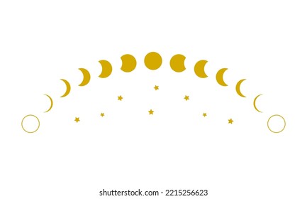 Yellow moon different phases or lunar phases curve and stars on white background flat vector icon design.