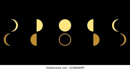 Yellow moon different phases or lunar phase waxing and waning on black background flat vector icon design.