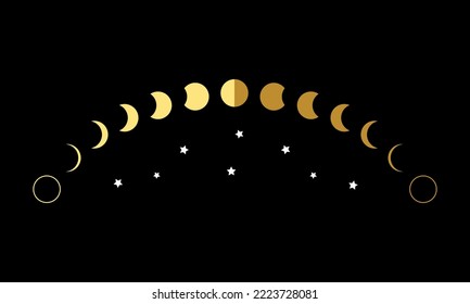 Yellow moon different phases or lunar phase waxing and waning curve with white stars on black background flat vector icon design.