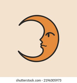 Yellow moon with face in boho style. Flat vector illustration, hand drawn cartoon.
