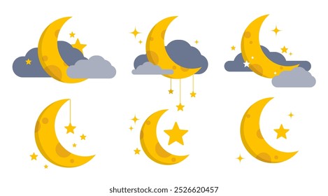 Yellow Moon illustration vector  design, isolated luna and stars Pictogram on white background, Sweet Dream Flat sytyle graphic elements for Decoration, Night and Business use, Stock (Editable)