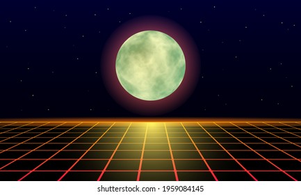 yellow moon and lunar trail on a landscape laser grid in space. Futuristic fantastic background in 80s style. 3d vector illustration