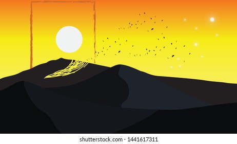 yellow moon mountain sky wallpaper illustration vector