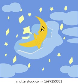 luna amarilla en una nube rodeada de estrellas beige y nubes azules, infla estrellas como burbujas de jabón en un fondo azul