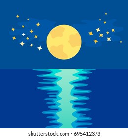 yellow moon over sea reflection.Flat vector illustration