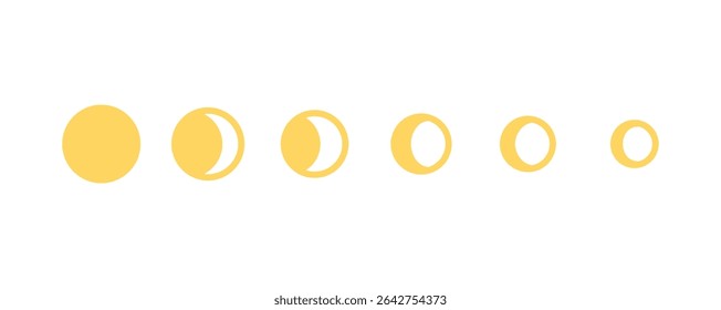 Yellow moon phases icons in minimal flat style, stages of the lunar cycle. Esotericism, accultism, astrology. Celestial graphics. Vector illustration. Isolated background.