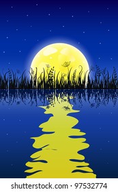 Yellow moon with reflection at water and grass meadow. Night Vector illustration.