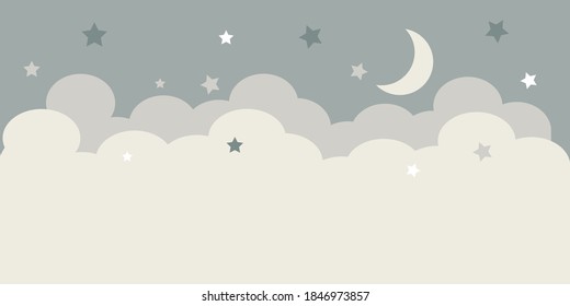 Yellow moon in the sky with light clouds and multi-colored stars Romantic background for wallpaper, packaging, textiles