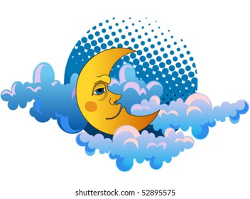 Yellow moon sleeping on clouds