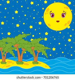 Yellow yellow moon with a smile on the background of the night sky and palms on the yellow sand on the sea