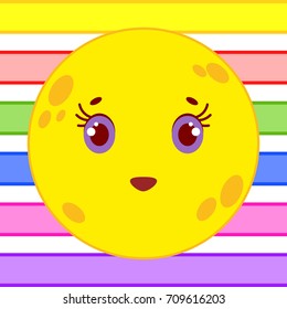 Yellow yellow moon with a smile on the background of colored stripes