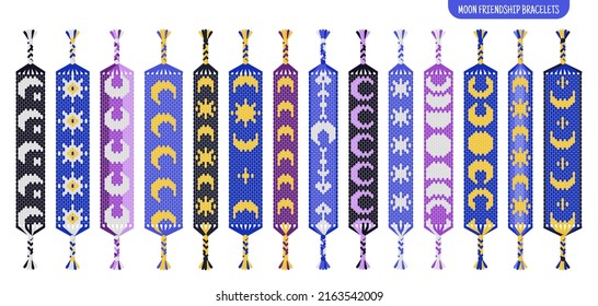 Yellow Moon and star handmade friendship bracelets set of threads or beads. Macrame normal pattern tutorial. Vector cartoon isolated illustration.