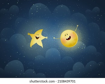 Yellow moon star on blue background. Stars at night cute moon kids wallpaper design. Dark blue cosmos scene with clouds and star at night. Vector design in watercolor style.