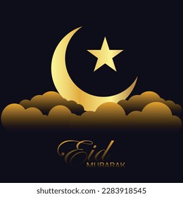 A yellow moon and a star with the text eid mubarak on a dark background.