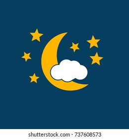 yellow moon vector icon with a cloud isolated on blue background