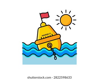 Yellow Mooring 12 Buoy Floating on Blue Ocean Waves Under Sun Vector Illustration