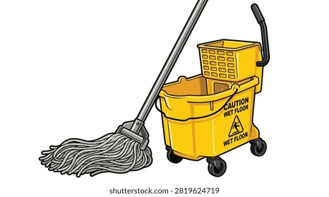 A yellow mop bucket with a black handle and wheels features a 'Caution Wet Floor' label. A gray string mop with a metal handle leans against the bucket on a transparent background.