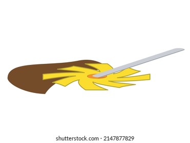 
Yellow mop with gray stick cleaning a brown stain on white background
