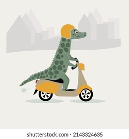 Yellow moped and green crocodile. Scooter