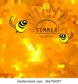 yellow mosaic summer background with bees. Vector