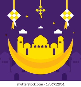 Yellow Mosque with Moon Ramadan Kareem Illustration - Ramadan Ketupat Background